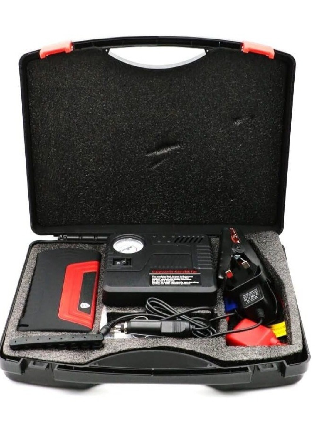 Portable Car Jump Starter Battery Pack with Powerful Booster Cable, Air Compressor, Extra Battery, Jumper Cable, Tire Inflator & LED Light 2 USB/DC 12V Ports