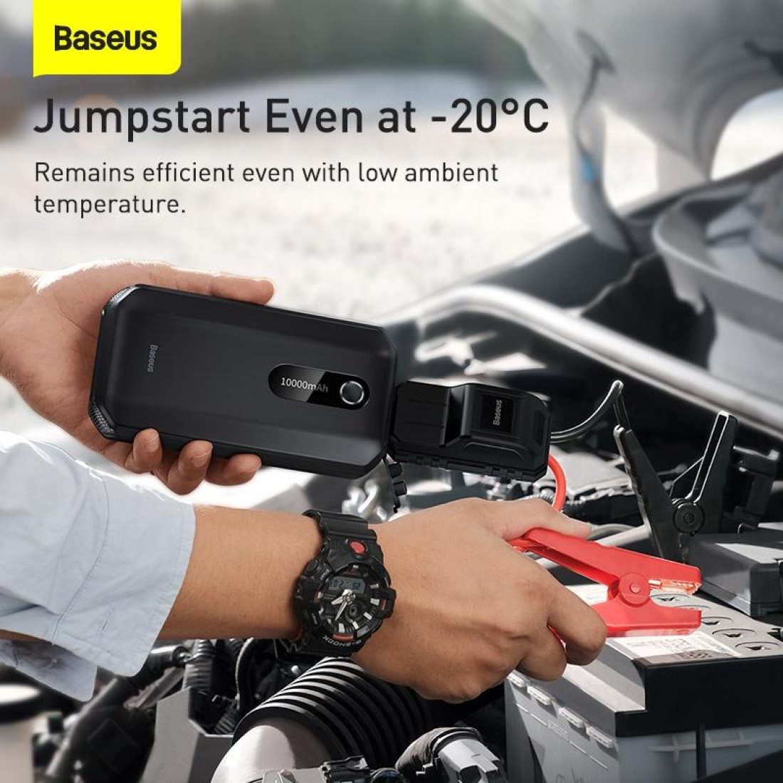 1000A UltraSafe Car Battery Jump Starter, 12V Battery Pack, Portable Charger with Jumper Cables for 4.0L Gasoline & 2.5L Diesel Engines, Built-in 10000mAh Power Bank, Compact & Reliable.