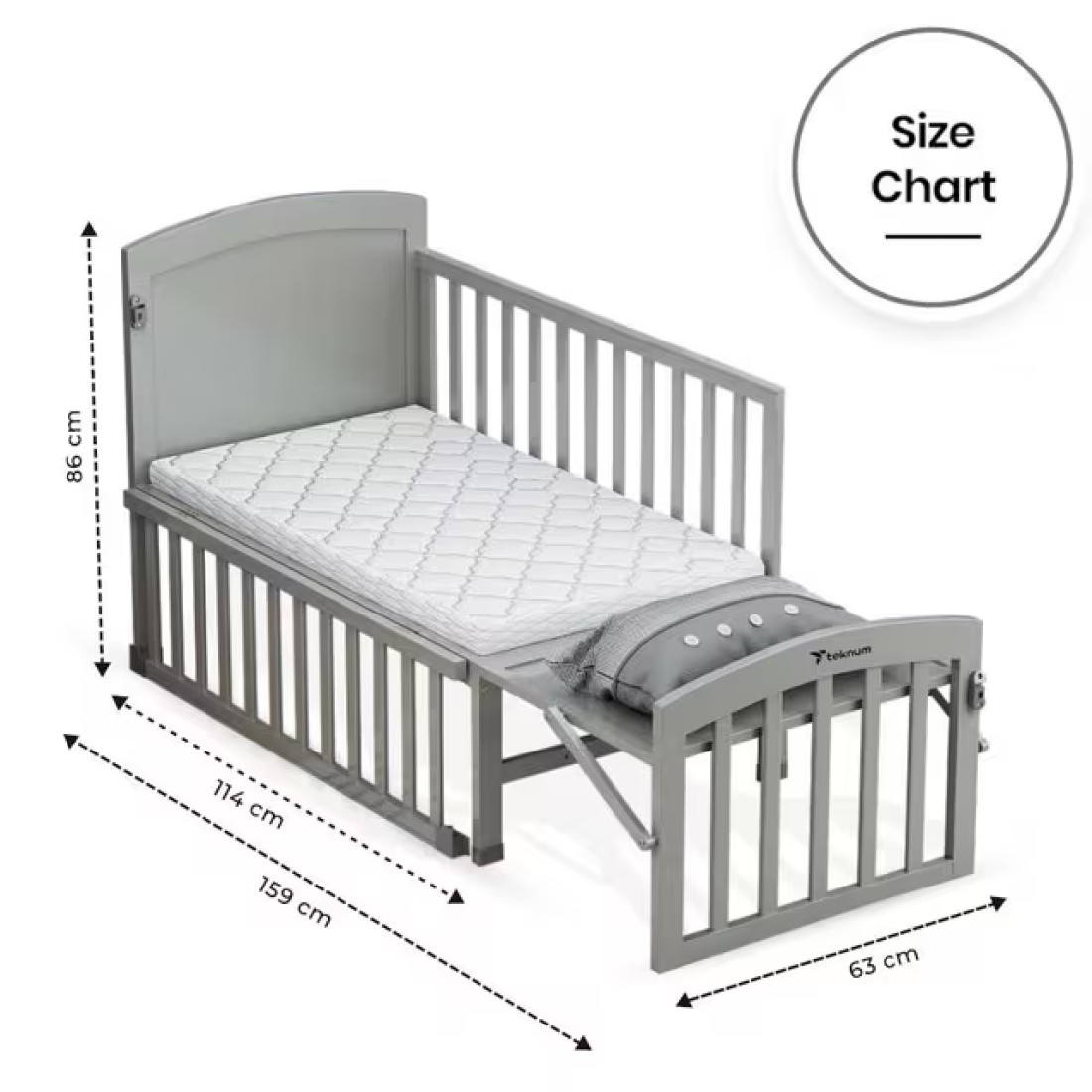 Teknum - 7 in 1 Convertible Kids Bed &amp; Bedside Crib w / Mattress, Mosquito net &amp; Detachable Wheels(0 - 12yrs) - Grey