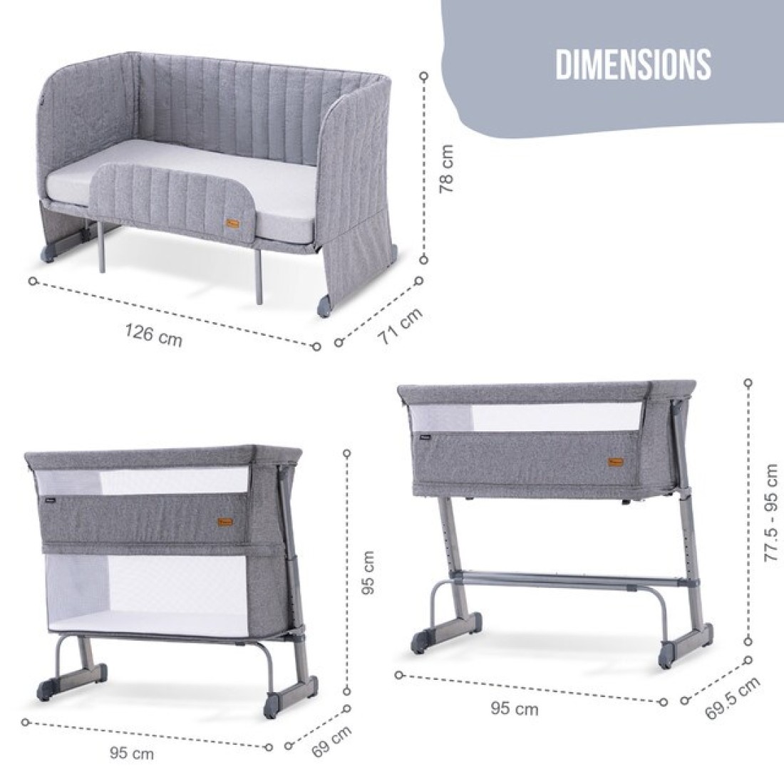 Teknum All In One, 0-4 Years Bedside Crib Cot &amp; Sofa Expansion Pack - Grey