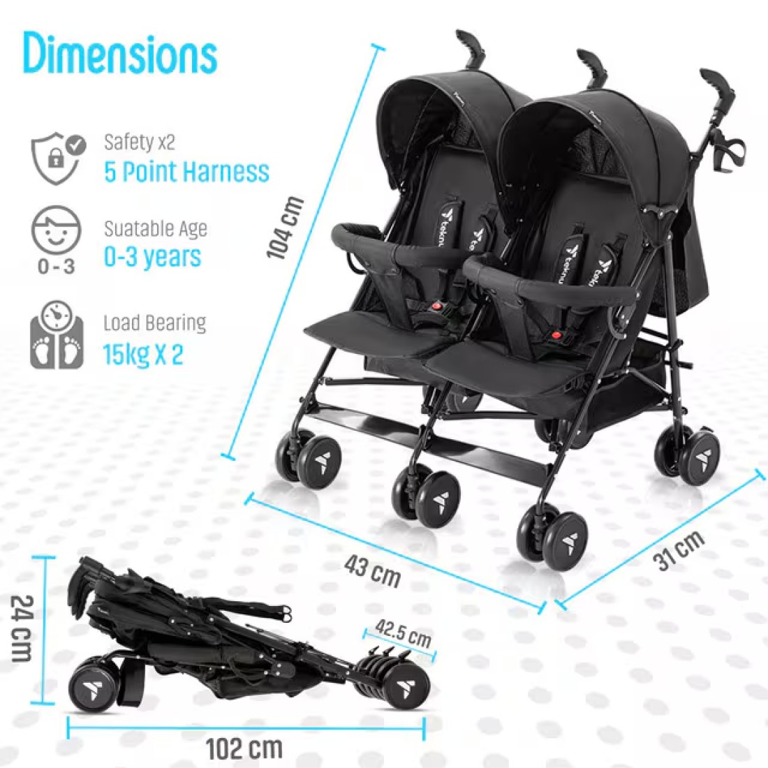 Teknum Twin Stroller Fellow - Black