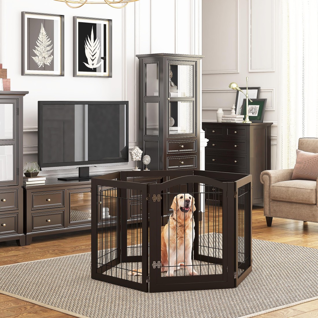 PAWLAND 144inch Extra Wide 30inches Tall Dog gate with Door Walk Through Freestanding Wire Pet Gate for The House Doorway Stairs Pet Puppy Safety Fence Support Feet Included Espresso6 Panels