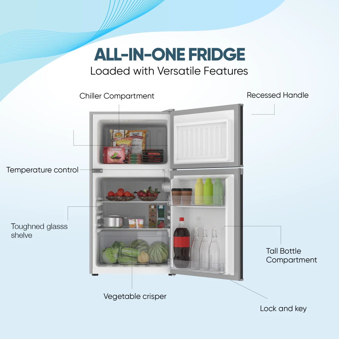 Nikai 135L Gross/88L Net, Small Double Door Mini Refrigerator with Vegetable Crisper &amp; Adjustable Glass Shelves, Defrosting, Mini Fridge for Home, Kitchen, Bedroom, Office &amp; Hotels NRF135DDS Silver