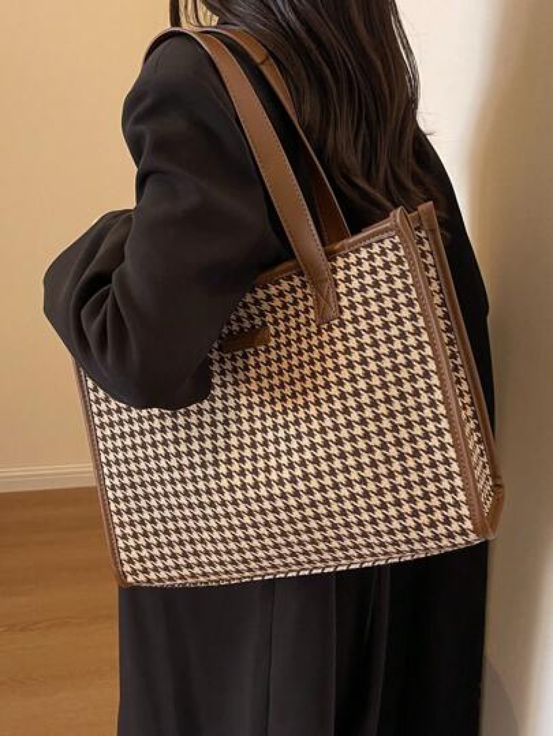 Houndstooth Pattern Large Tote Bag For Women Stylish Simple Design Versatile For Commuting And Going Out Shoulder BagSchool Bag Back To School Backpack Large Capacity Lightweight Portable Business Cas