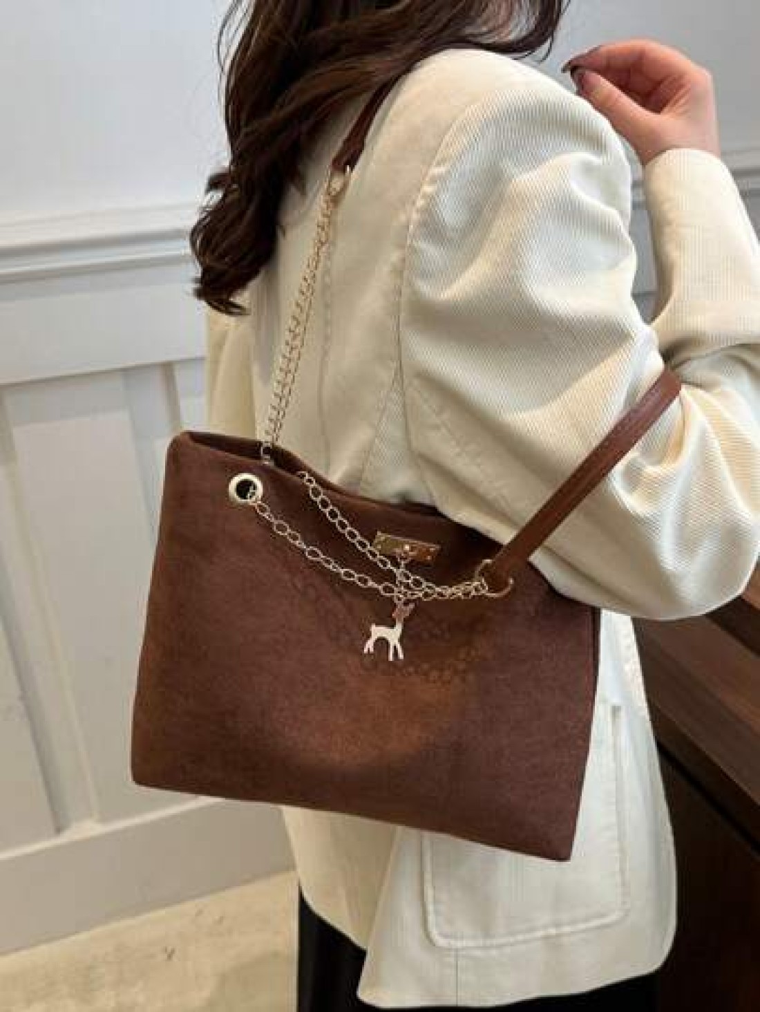 1pc Polyester Deer Decoration Large Capacity Zipper Closure Fashion Shoulder Tote Bag Suitable For Women Daily Use