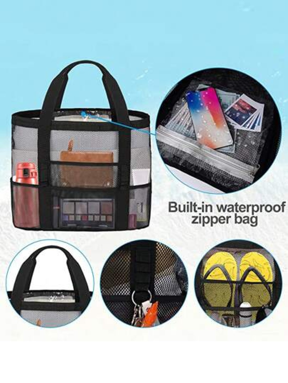 1PC Large Mesh Beach Bag Sandproof Swim Tote Bag Oversized For Family Foldable Lightweight Pool Boat Bag With Zipper And Extra Pockets For Toys Vacation Beach Cruise Essentials School Bag Large Capaci