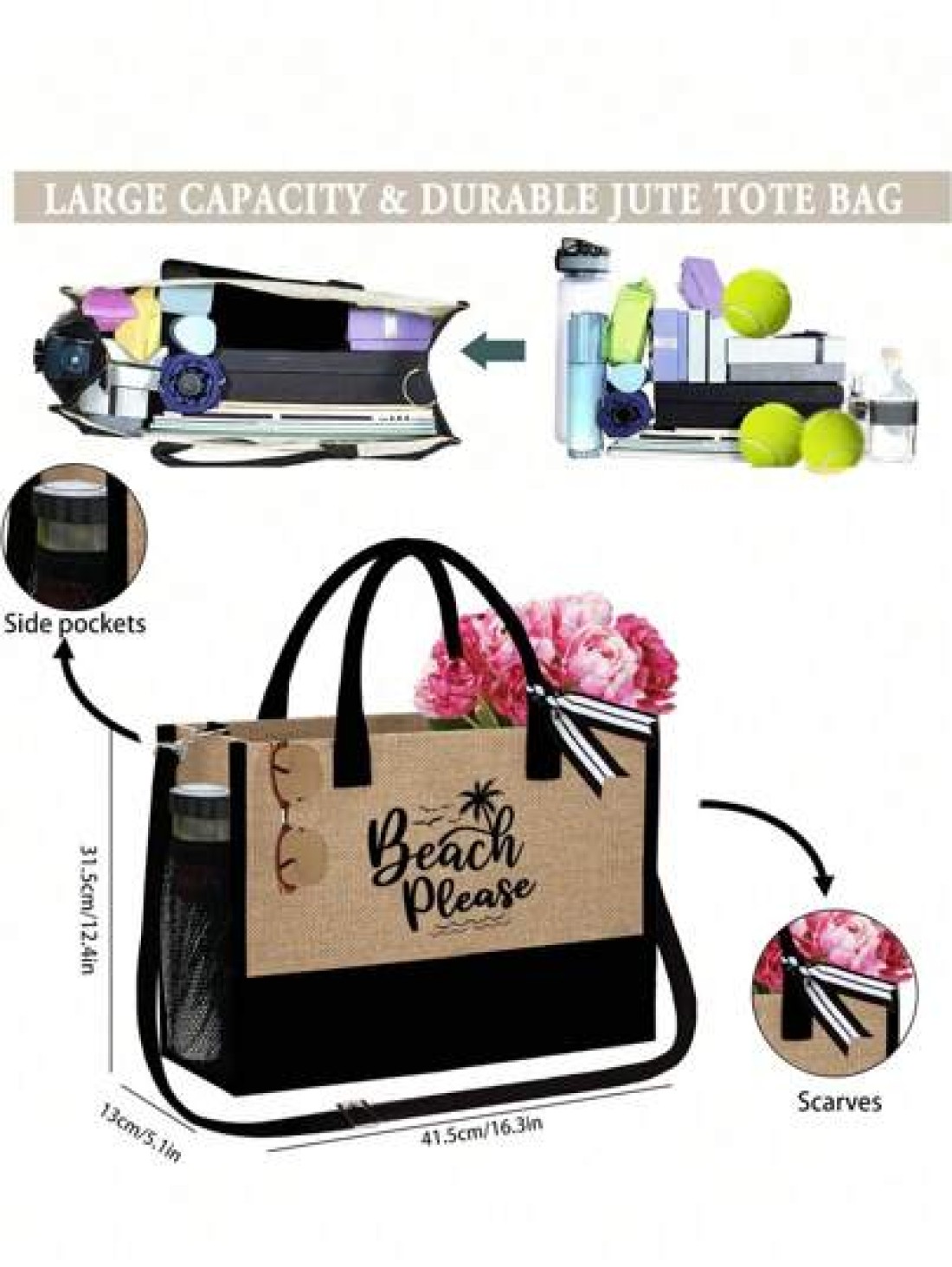 Beach Themed Beach Tote Bag Set For Women Printed With Artistic Letters Beach Beach And Coconut Tree Pattern Large Capacity Handbag And Two Makeup Bags