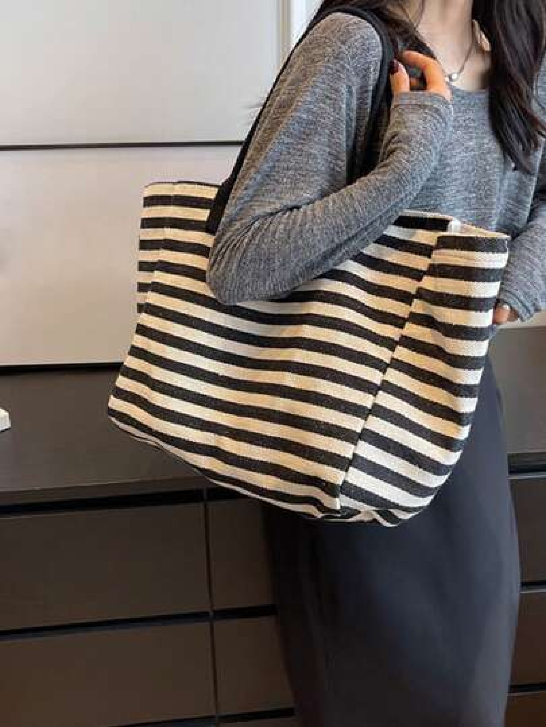 Yogodlns Simple Stripe Design Tote Bag For Girls Women Canvas Shoulder Bag Ladies Shopping Bags High Quality Handbagsschool Tote Bag Portable Foldable Business Casual Suitable For Teen Girls Women Col