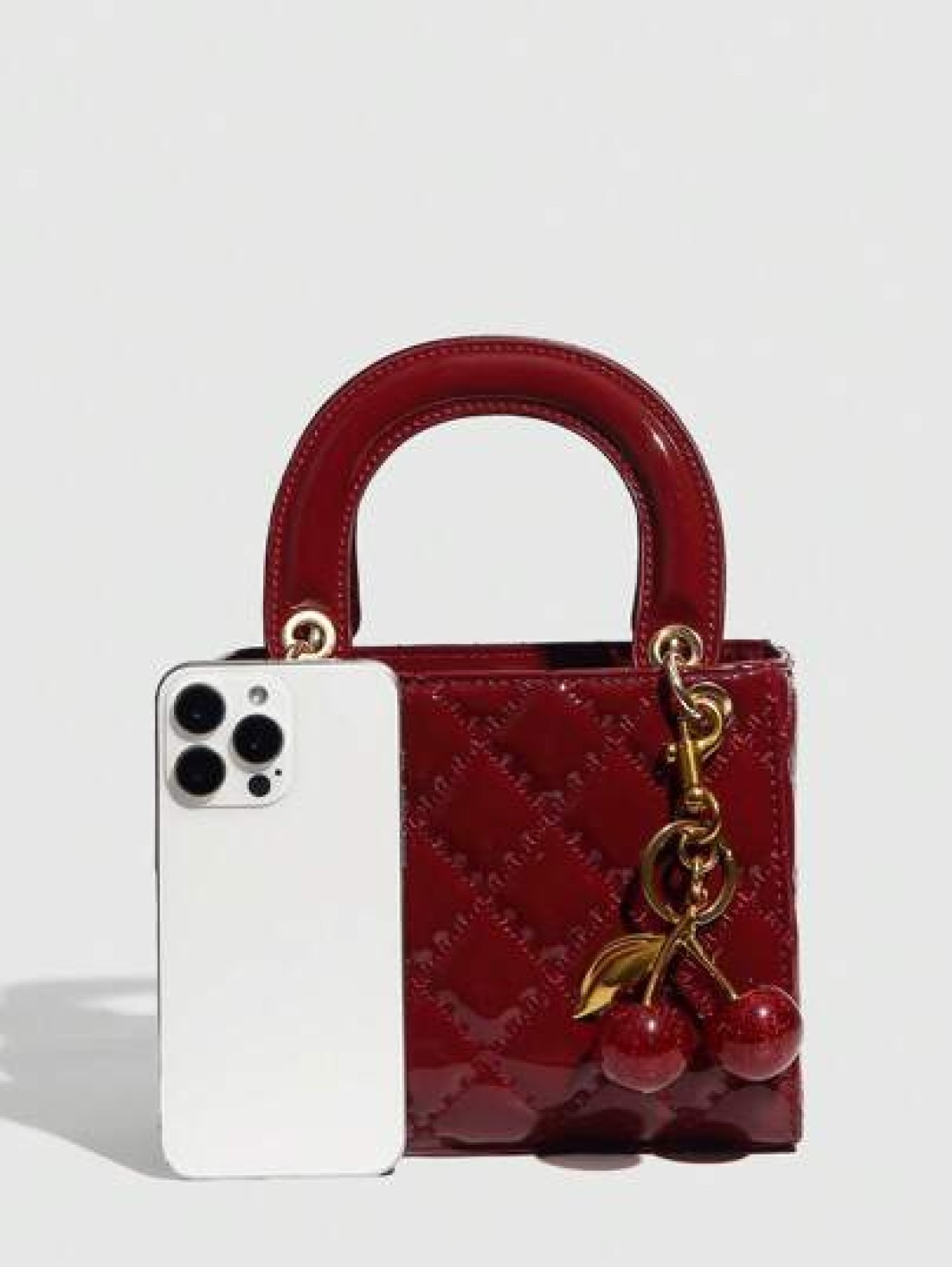 1pc PU Leather Handbag Wine Red Bag Versatile Patent Leather Quilted Tote Bag Structured Small Bag Fashionable Shoulder Crossbody Bag Geometric Pattern Purse