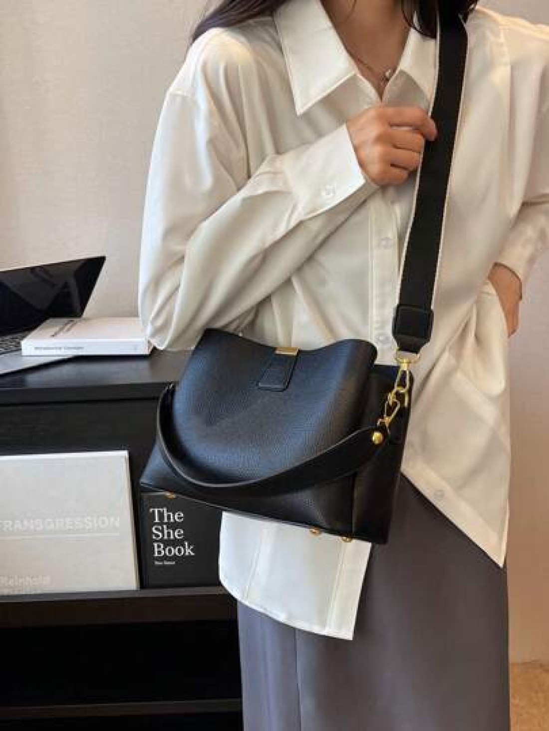 Fashion Elegant Solid Color Wide Strap PU Women Tote Bag With Shoulder Strap