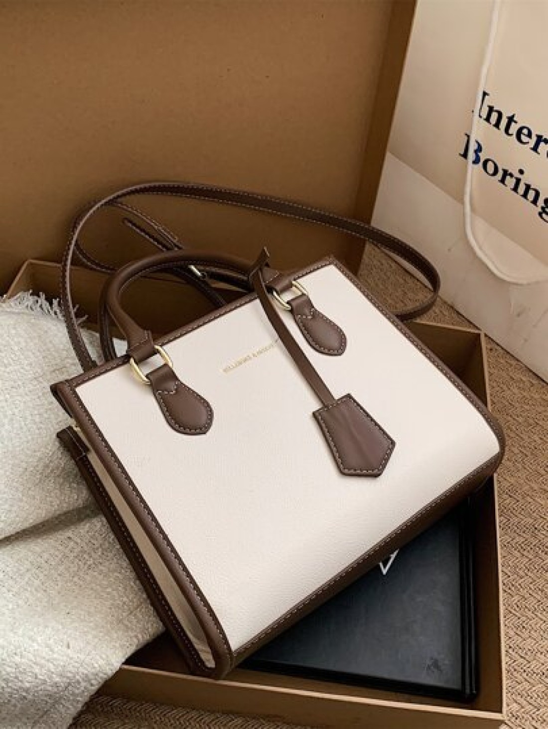 BELLEBORG Old Moeny Lightweight Business Casual Letter Detail Contrast Binding Square Bag For Women Rookies White Collar Workers For Teen Girls Women College Students Rookies White Collar Workers Perf