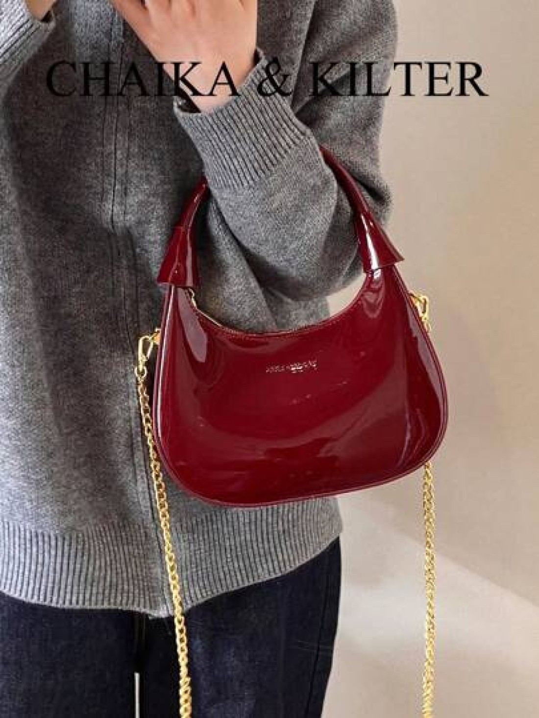 1pc CHAIKA KILTER Women Glossy PU Leather Tote Bag Fashionable Crescent Shaped Armpit Bag With Detachable Metal Chain Zipper Closure Suitable For Daily And Outdoor Use