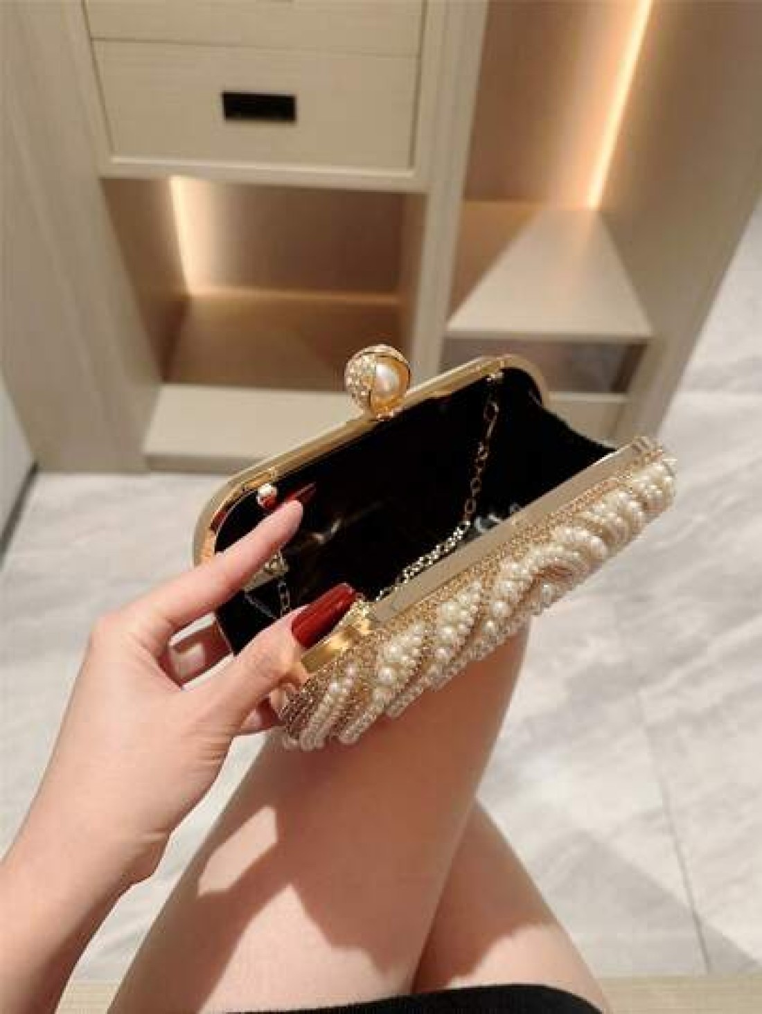 1pc Sparkling Charming Elegant Exquisite Rhinestone Decor Clutch Bag Romantic Faux Pearl Embellished Party Handbag For Women Perfect Gift For Parties Weddings Galas Dinners Banquets Suitable To Pair W