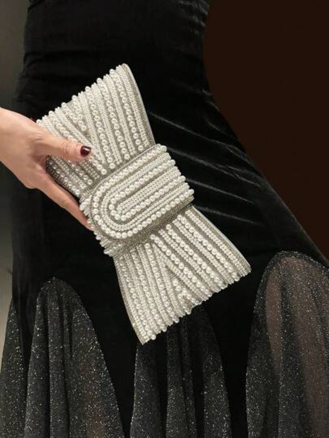 Plus Size High Quality A Grade Rhinestone Bow Faux Pearl Shiny Crystal Evening Clutch Bag Chain Shoulder Strap Fashion Hand Carry Envelope Clutch Purse For Formal Gown And Party Elegant Faux Pearl Bag