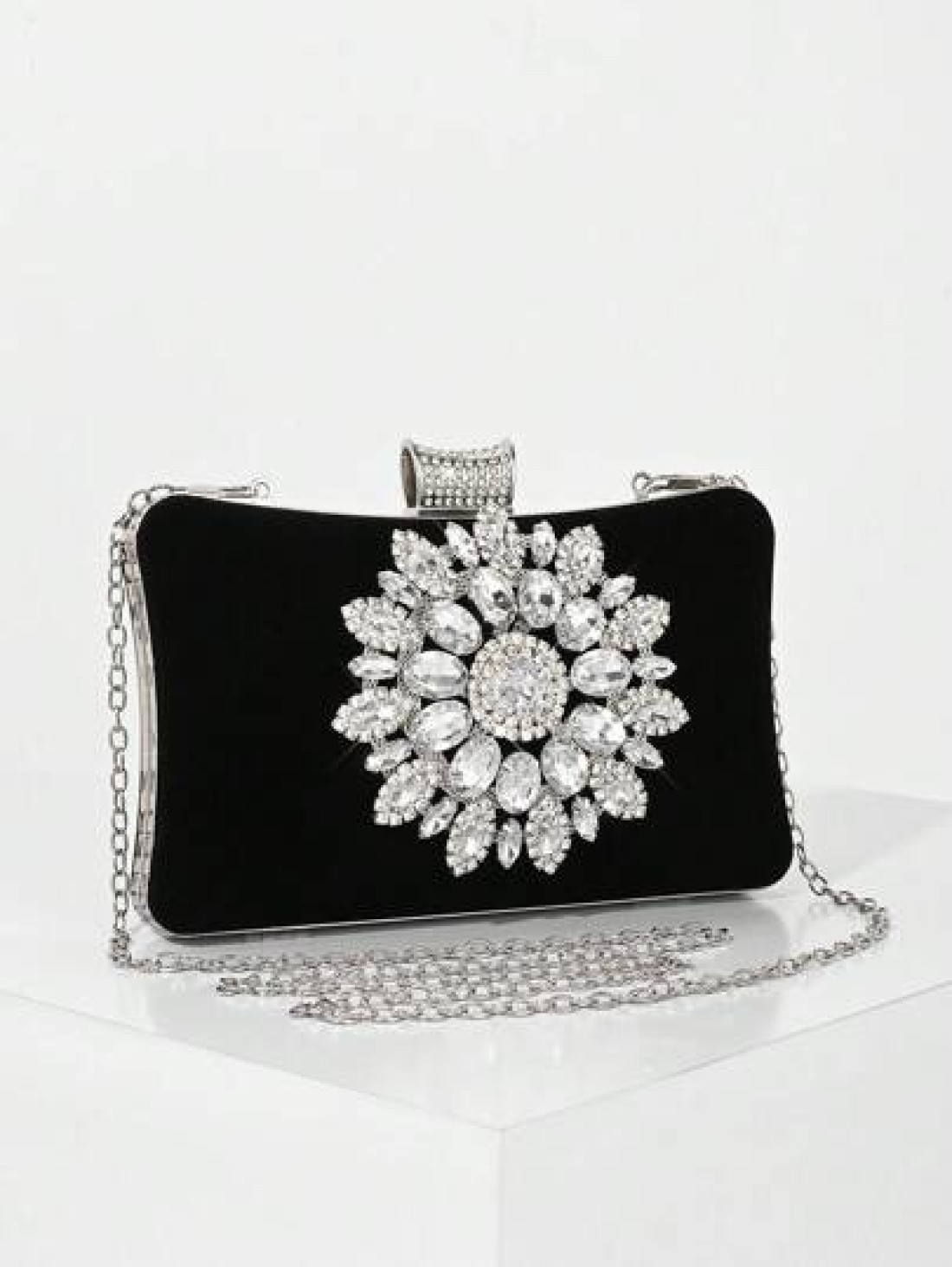 Women s Fashion Black Velvet Evening Bag Romantic Wedding Clutch Purse Luxury Crystal Decor Formal Party Dress Handbag Bridal Crossbody Bag
