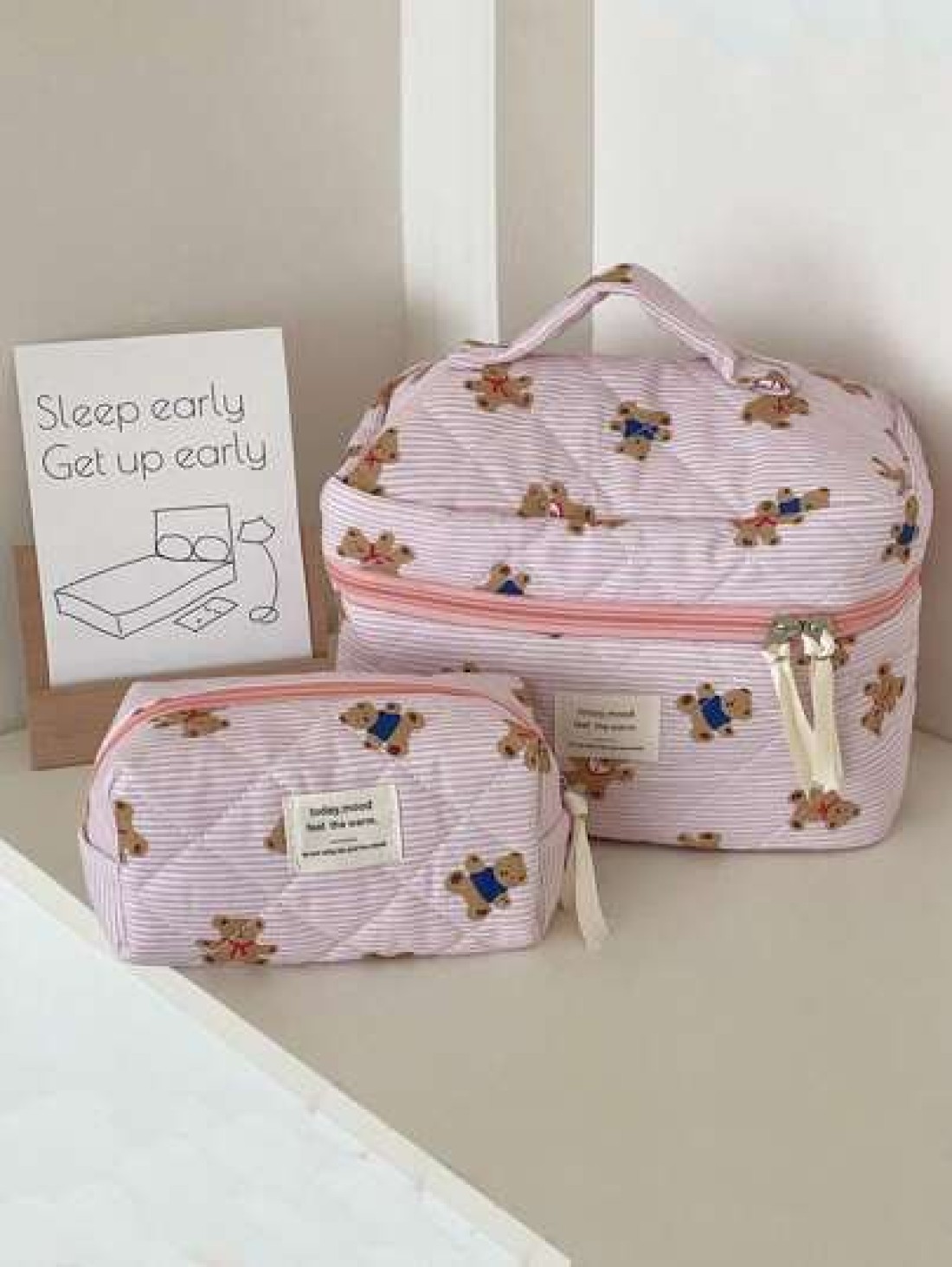 1Pc Set Cute Pink Bear Pattern Large Capacity Multifunctional Cosmetic Bag Makeup Bag Girls Make Up Bag Back To School Wallet Pouch Portable Cosmetics Brush Clutch With Zipper Closure For Lipstick Mom