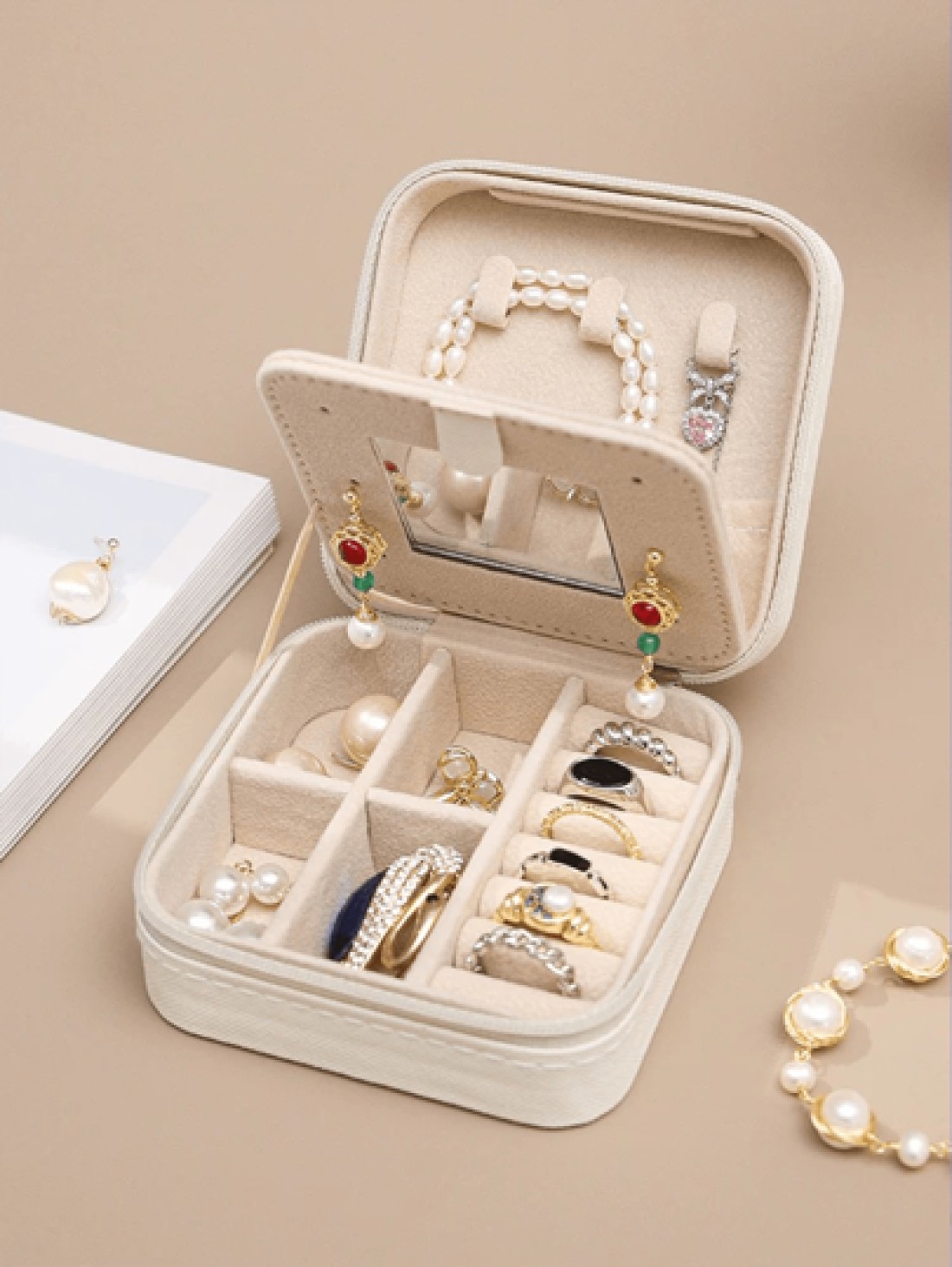 1pc PU Leather Square Jewelry Box Mirror Design Jewelry Storage Case Multifunctional Desktop Organizer Box Removable Compartments Suitable For Rings Earrings Necklaces Lipsticks Makeup Organizer