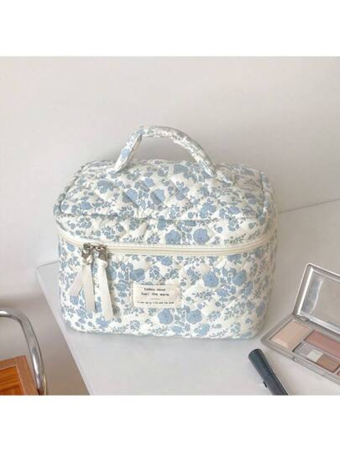 1 3pcs Blue Begonia Flower Makeup Bag Large Capacity Portable Organizer Pouch Multi Functional Handbag Cosmetic Storage Bag Toiletry Bag For Women Men With Handle Compartments For Home School Dorm Tra