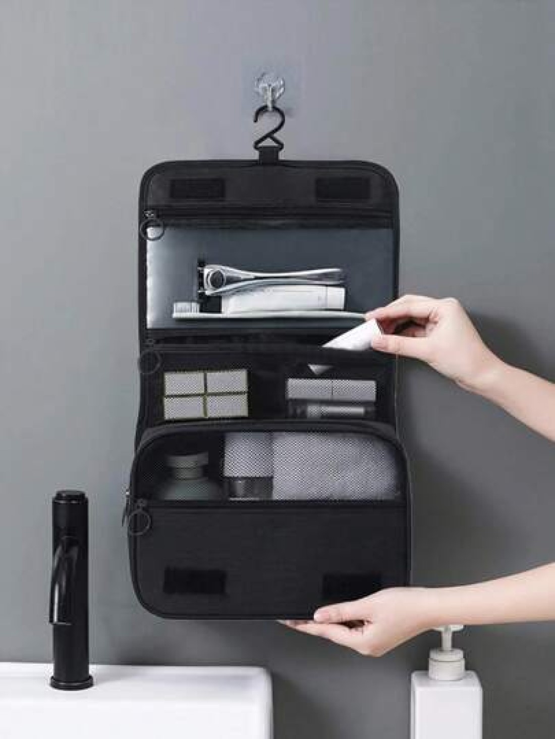 1pc Large Capacity Multi Function Zoned Storage Bag Hanging Toiletry Cosmetic Bag Travel Organizer Tote Boho Style For Hotel Narrow Bathrooms Outdoor Camping Quick Access Items Interior Space Layout M