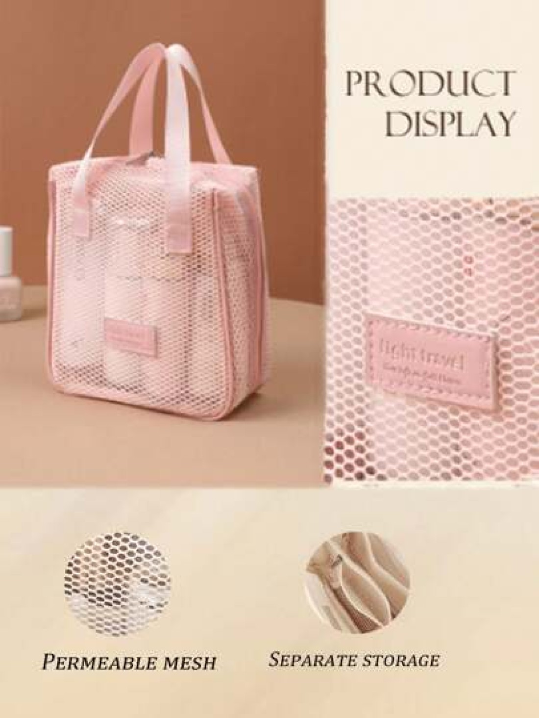 1pc Large Capacity Pink Mesh Makeup Bag Portable Travel Toiletry Organizer Multi Functional Storage Pouch Zipper Bag Travel Bag For Cosmetics Skincare Phone Jewelry Small Items Gift Holiday Use Availa