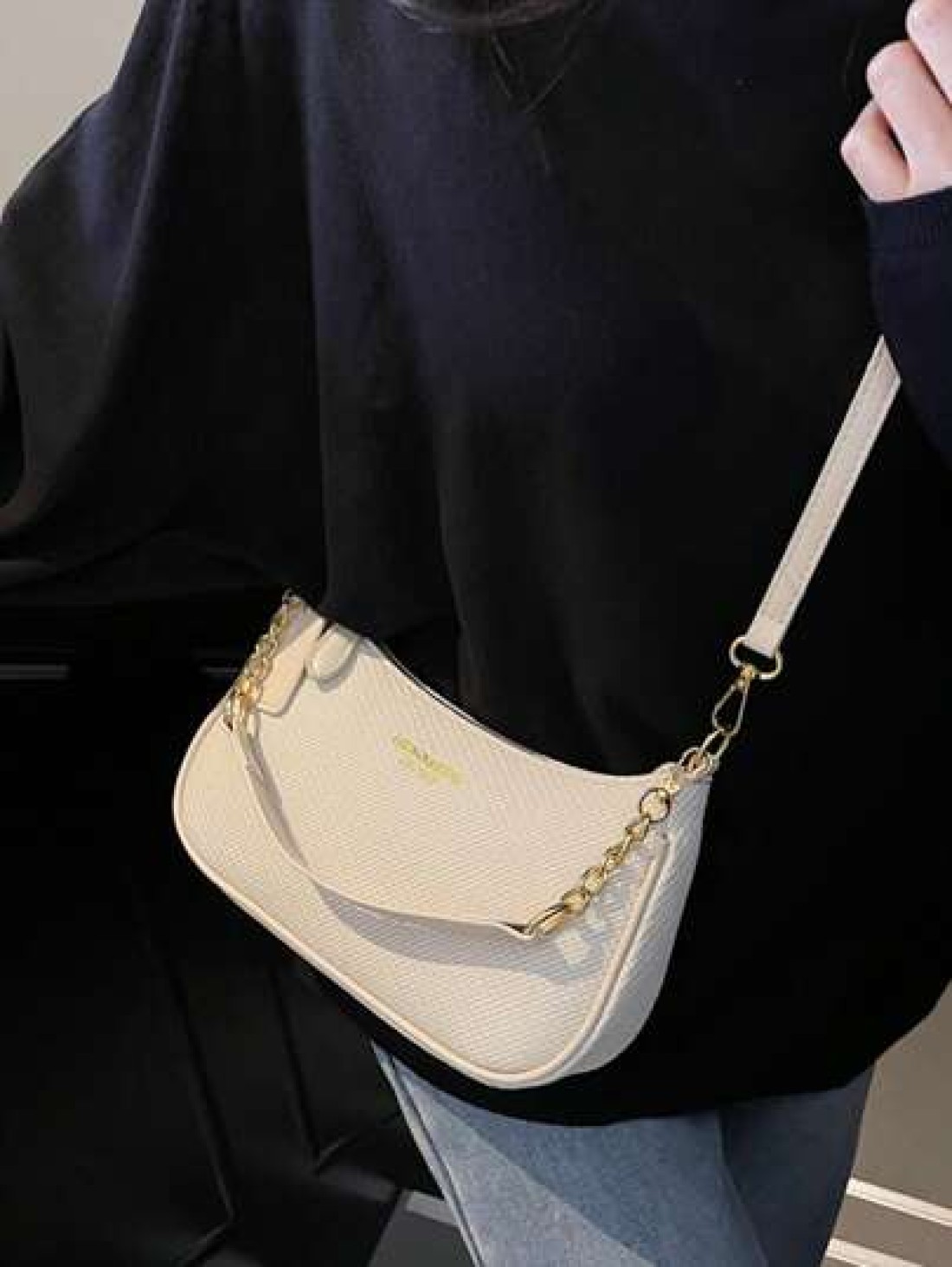 New Stylish Elegant Solid Color PU Underarm Bag With Metal Chain Handle For Women