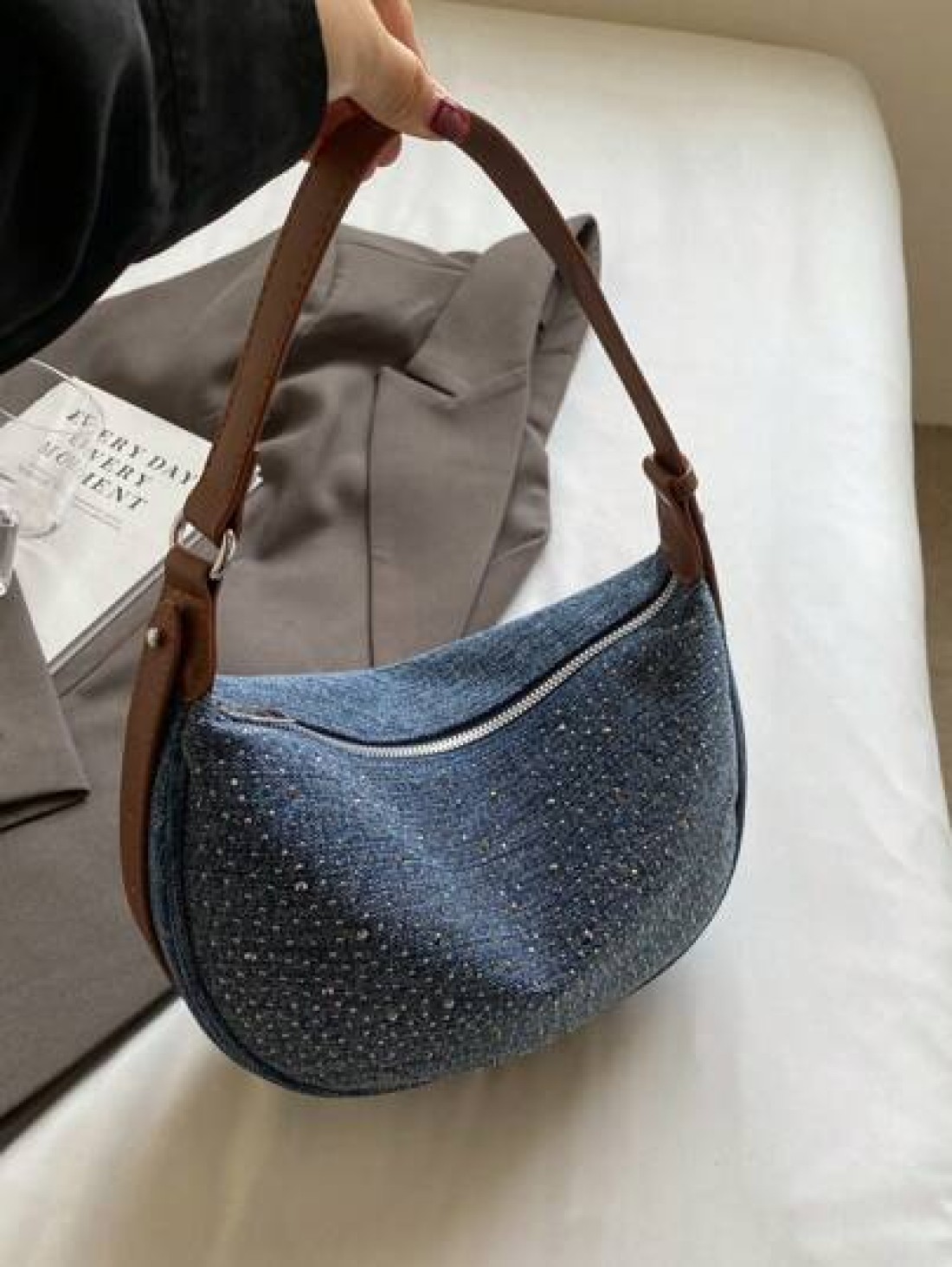 Light Blue Denim Rhinestone Decor Underarm Women Shoulder Bag Fashionable Versatile For Work Dating Casual Spring Summer