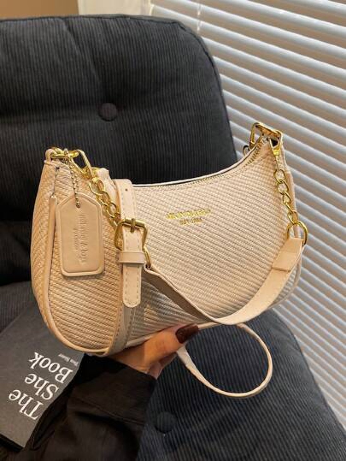 New Elegant Solid Color PU Underarm Bag Metal Chain Handle Women Shoulder Bag