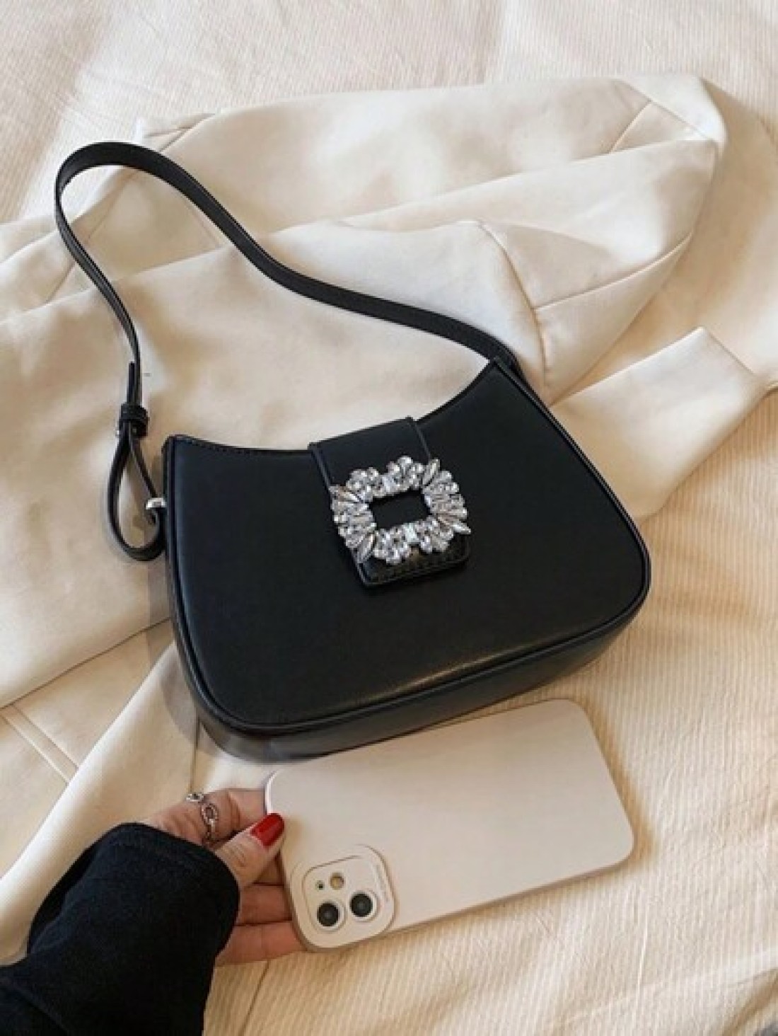 Shoulder Bag With Rhinestone Decorative Armpit Bag Versatile And Fashionable Rhinestone Glitter Saddle Underarm Bag PU Leather Textured Bag Purse Fashion Versatile Bag