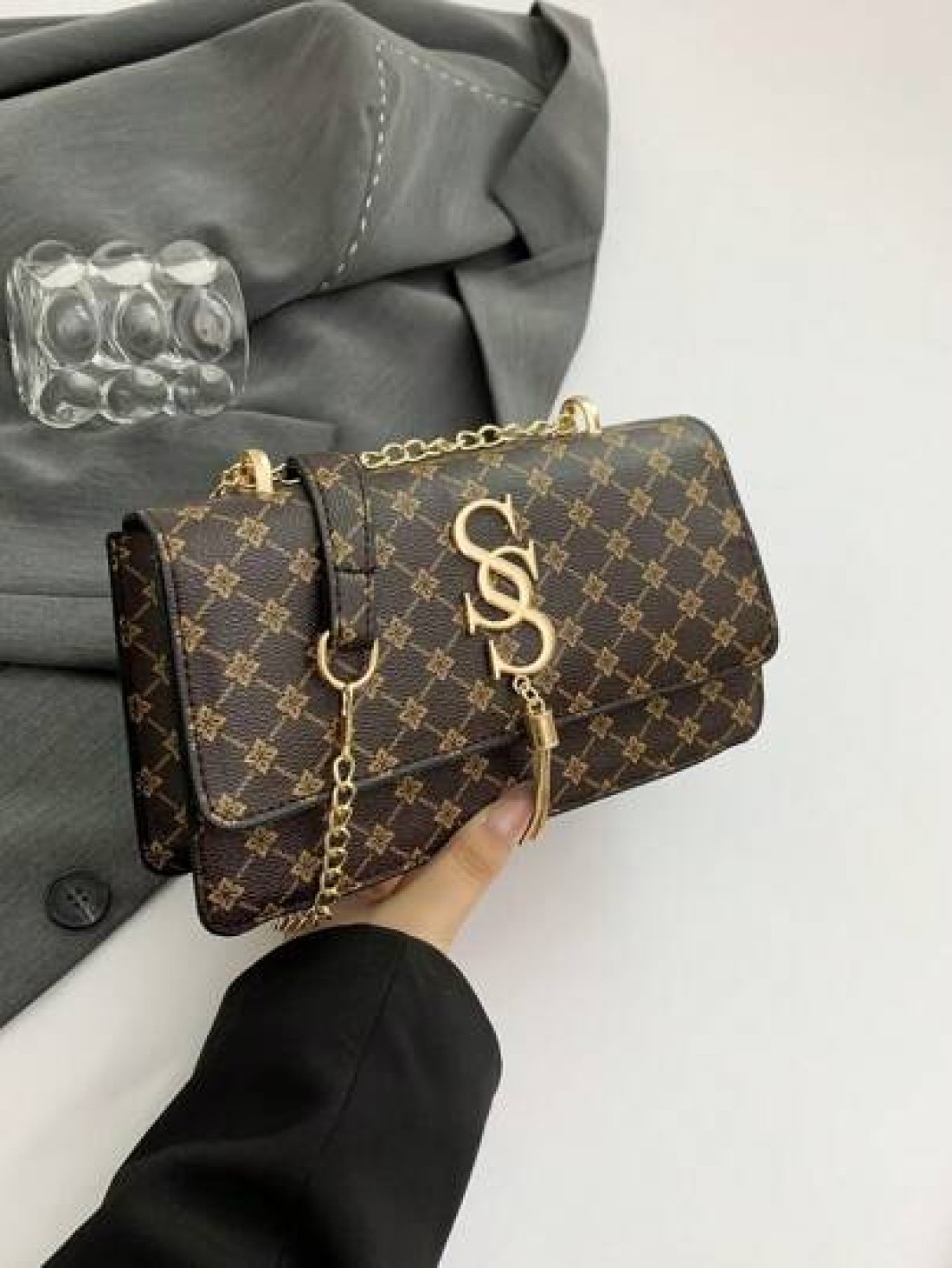 Plaid Rhombus Floral Pattern Flap Baguette Bag For Women Metal Tassel Letter Decor Shoulder Crossbody Handheld Multi Use Commute Bag
