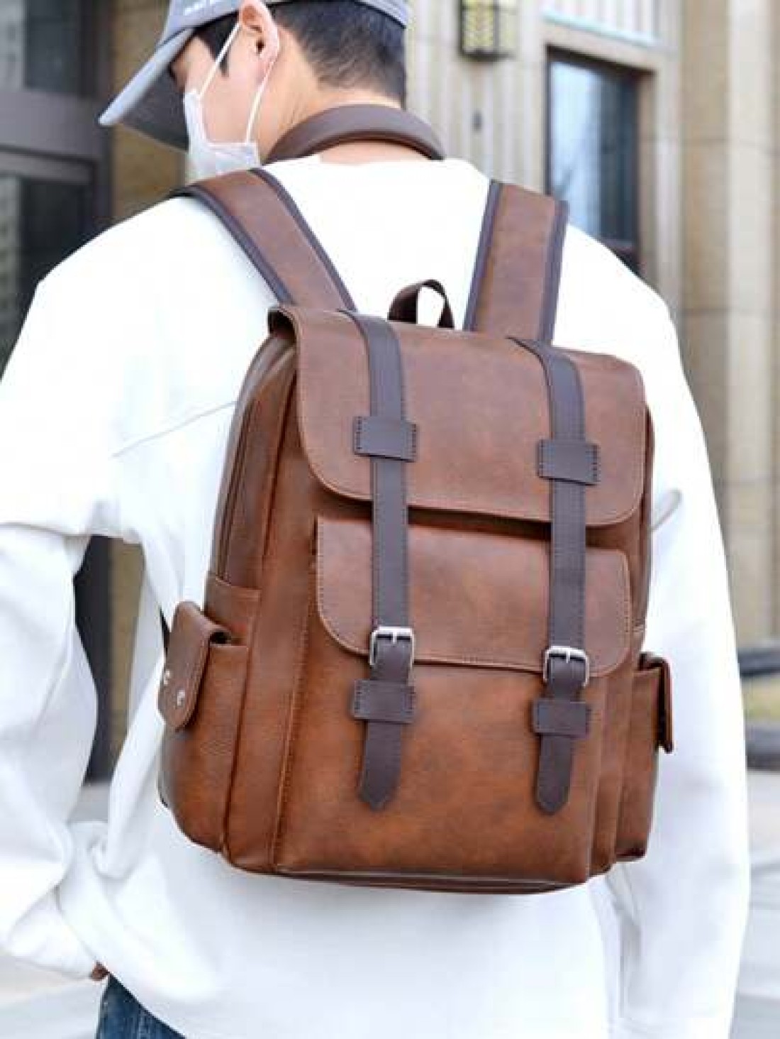 New Spring Summer Solid Color PU Material Fashion Stylish Men Backpack Business Casual Backpack Student Schoolbag Flap Style Large Capacity Multi Pocket Organizer Fits Books Documents Clothes Laptop U