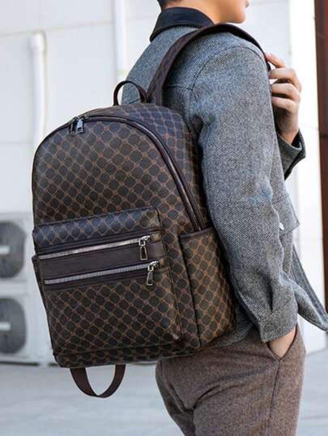 Large Capacity Printed Retro Backpack Unisex Fashion PU Leather Business Laptop College School Bag