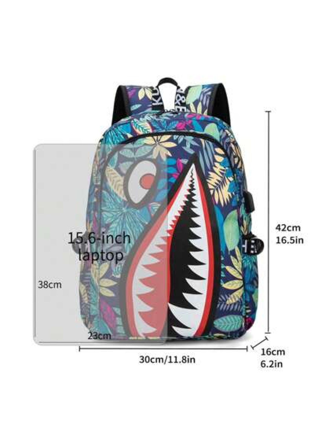 Men s Stylish Shark Mouth Print Backpack Shoulder Bag Contrast Color Letter Leaf Print Versatile College Bookbag All Over Random Print Large Capacity Lightweight Nylon Travel Bag Water Resistant Fits