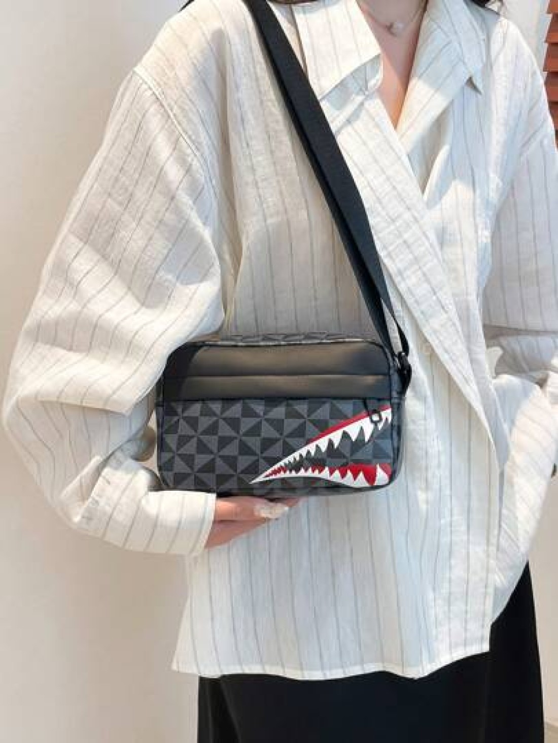 Fashionable Men s Casual Plaid Shoulder Sports Sling Bag Personality Small Square Men s Bag Business Personality Shark Mouth Anime Luxury Bags