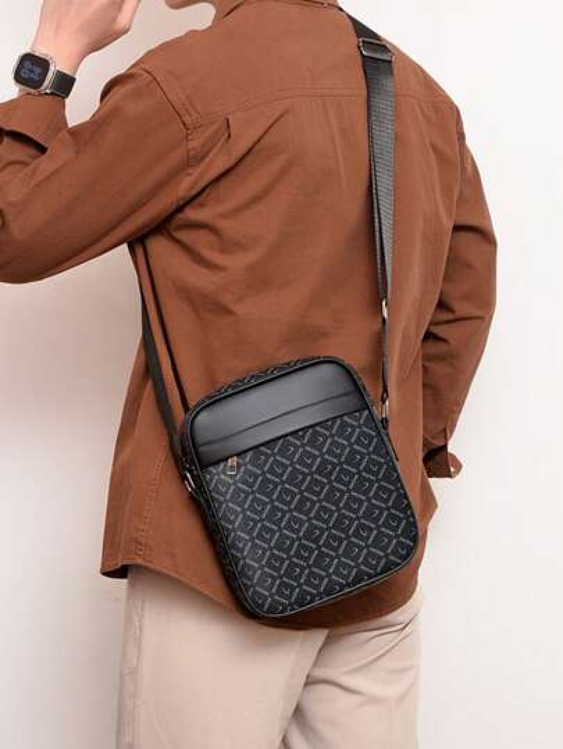 A Fashionable Men s Business PU Bag With PVC Leather Material Small Square Bag Shoulder Crossbody Bag Mobile Phone Bag Coin Purse Brand Print Metal Zipper Adjustable Shoulder Strap Fine Stitching Stor