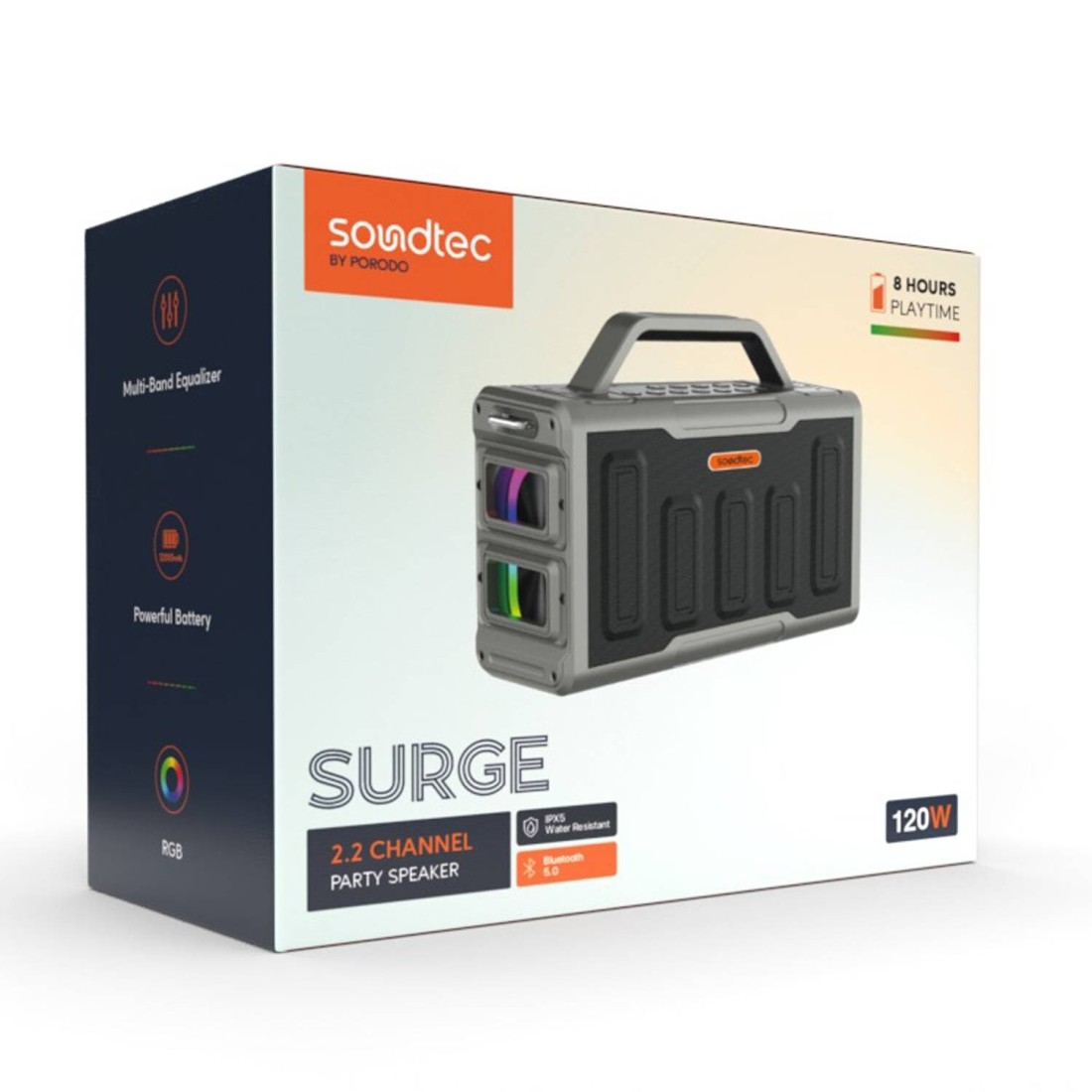 Porodo Soundtec Surge 2.2 Channel Party Speaker, 100W Max Output Power, 12000mAh Battery, Bluetooth V5.0, IPX5 Water-Resistant, Multi-Band Equalizer, RGB Lights
