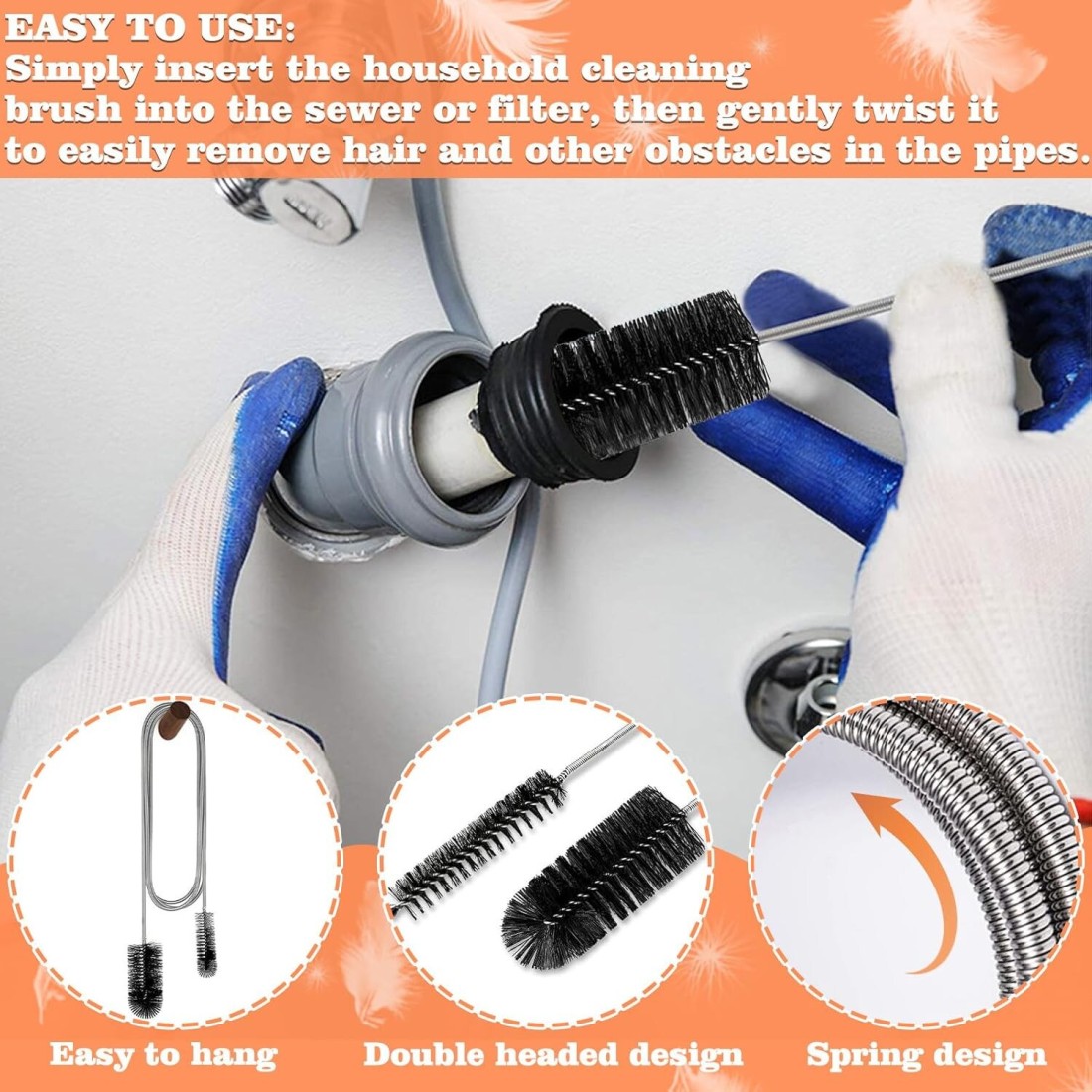 3-Piece Drain Cleaning Kit &ndash; Includes a 155cm Dual-Sided Pipe Cleaning Brush, 45cm Sink Unclogging Brush, and 50cm Hair Removal Tool for Showers, Bathrooms, and Kitchen Drains