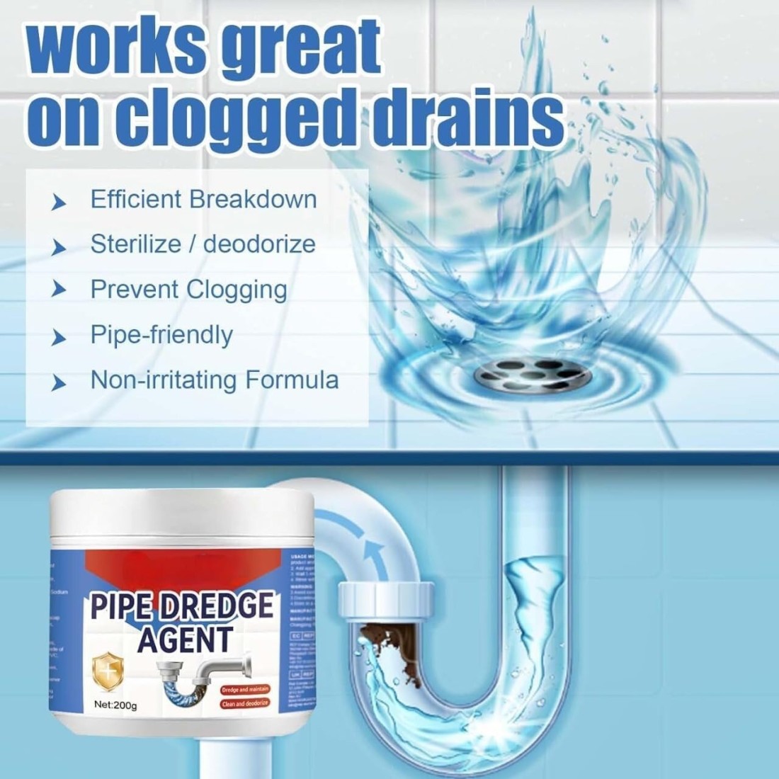 Rapid-Foaming Drain Cleaner Powder &ndash; 200g Powerful Formula for Clearing Clogs in Sinks, Bathrooms, and Kitchens, Safe for All Pipes and Helps Prevent Future Blockages