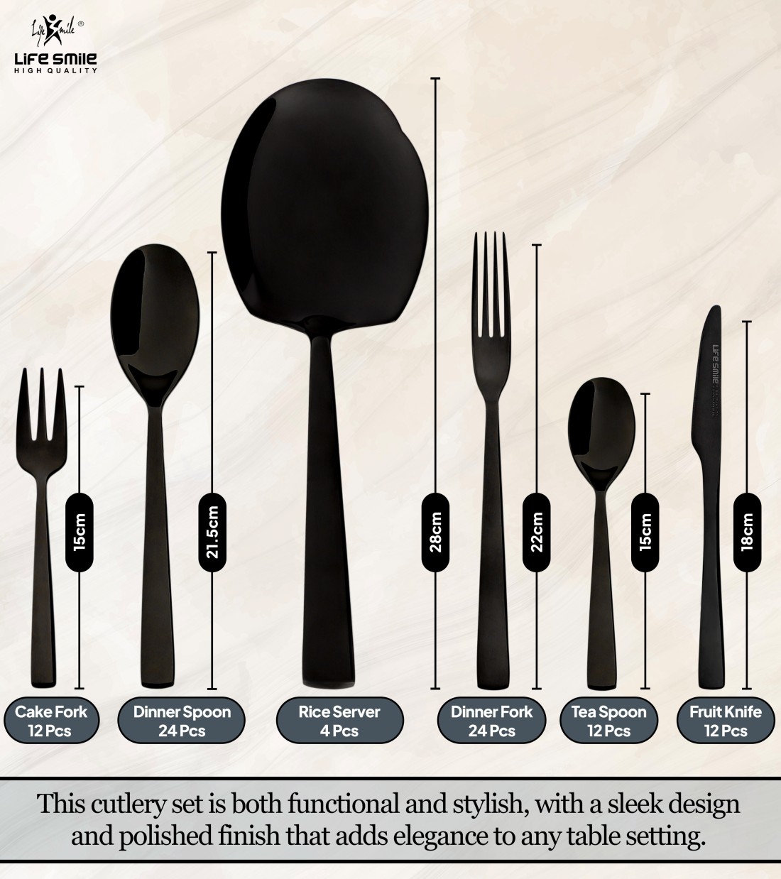 LIFE SMILE Cutlery Set, 18/10 Pure Stainless Steel Flatware Set with Stand, Rust Proof &amp; Fade Proof Dinnerware Set (SHINE BLACK, 88 Pieces)