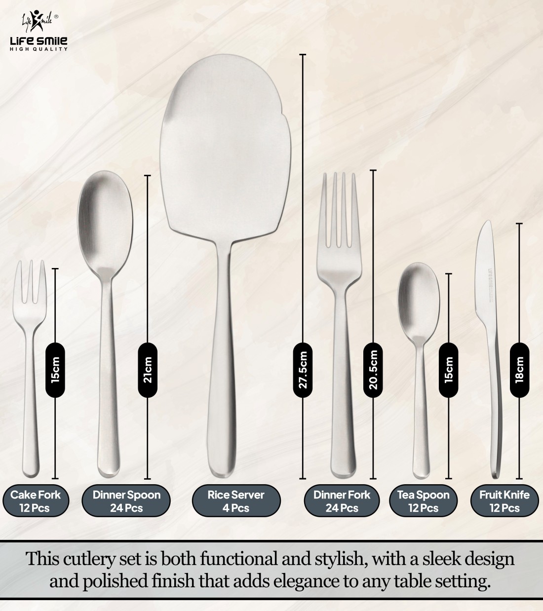 LIFE SMILE Cutlery Set, 18/10 Pure Stainless Steel Flatware Set with Stand, Rust Proof &amp; Fade Proof Dinnerware Set (MATTE SILVER, 88 Pieces)