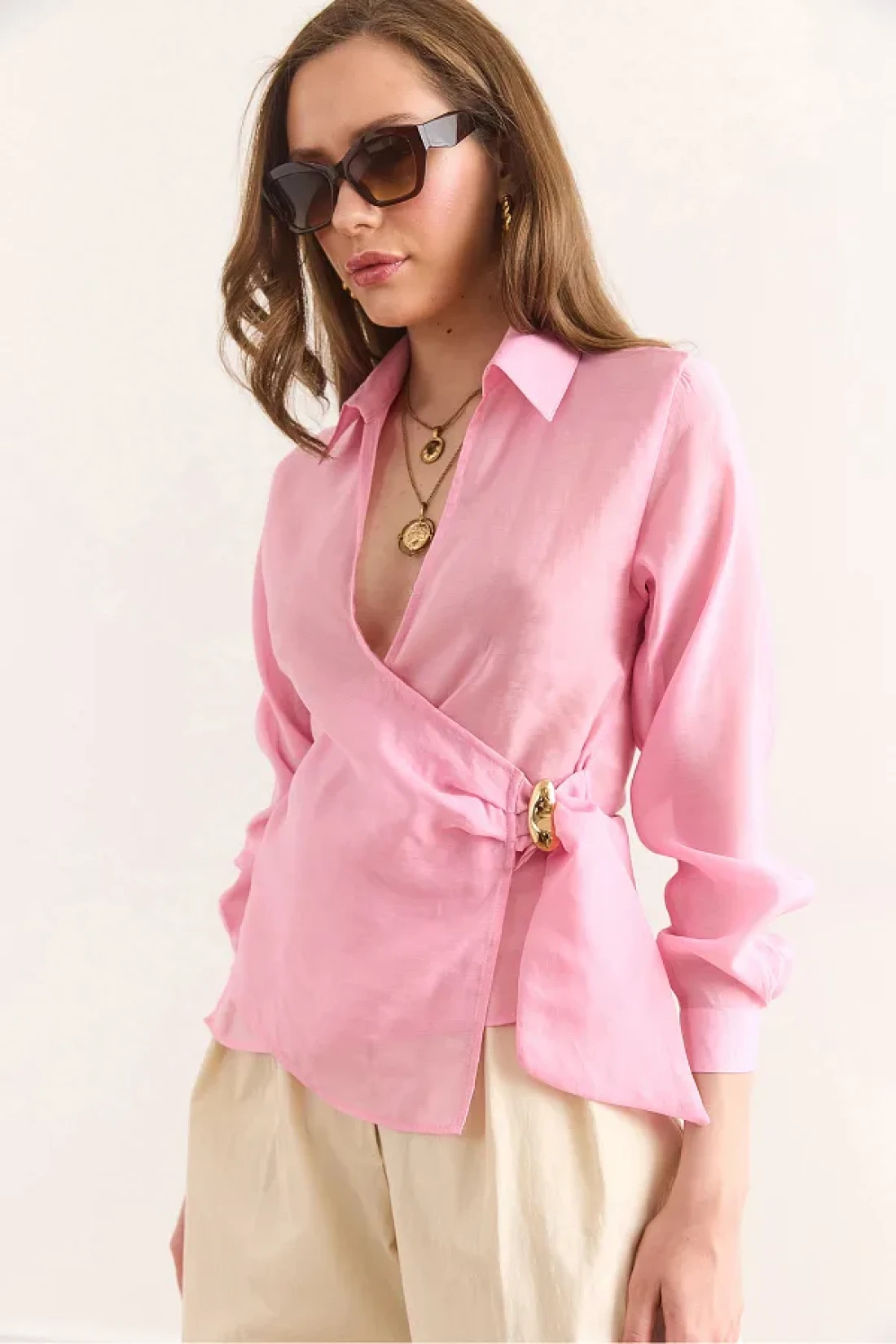 Olalook Women's Candy Pink Side Binding Detailed Modal Blouse Blz-19002946