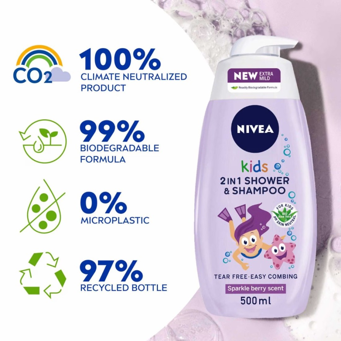 NIVEA Kids 2-In-1 Shower, Shampoo &amp; Conditioner Sparkle Berry Scent Purple 500ml