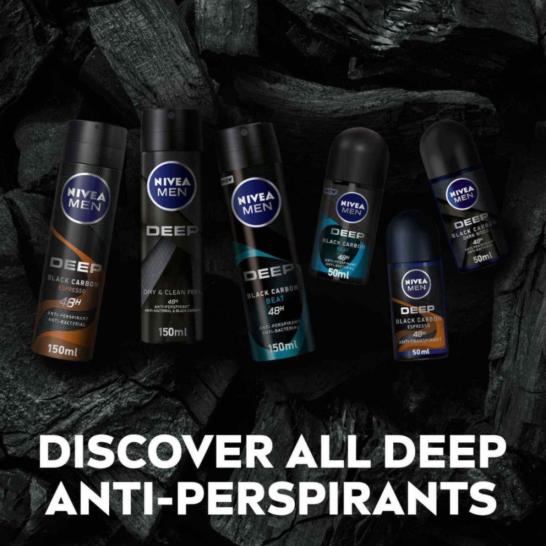 NIVEA MEN Antiperspirant Roll-on for Men DEEP Black Carbon Antibacterial Dark Wood Scent 50ml