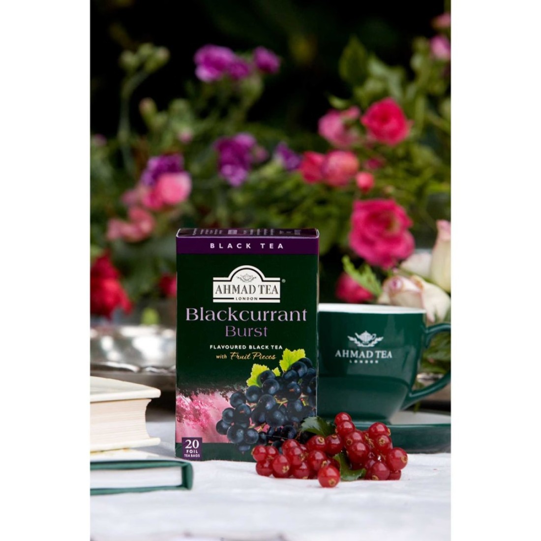 Ahmad Tea Blackcurrant Burst Flavoured Black Tea with Fruit Pieces Tea Bags 20 Tea Bags