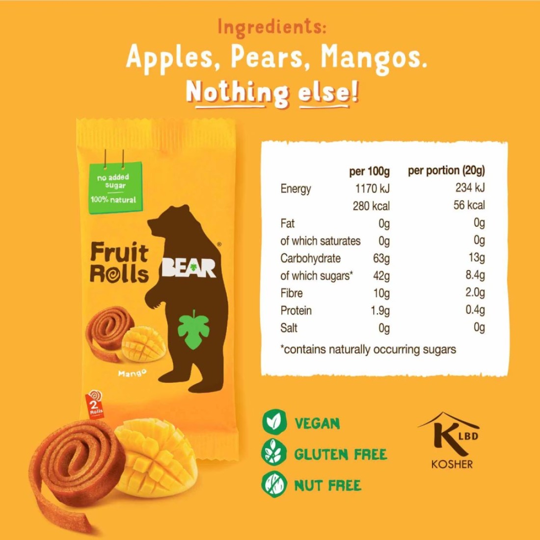 Bear Yo Yo&#39;s Pure Fruit Snacks, Mango, 20g Pack of 5