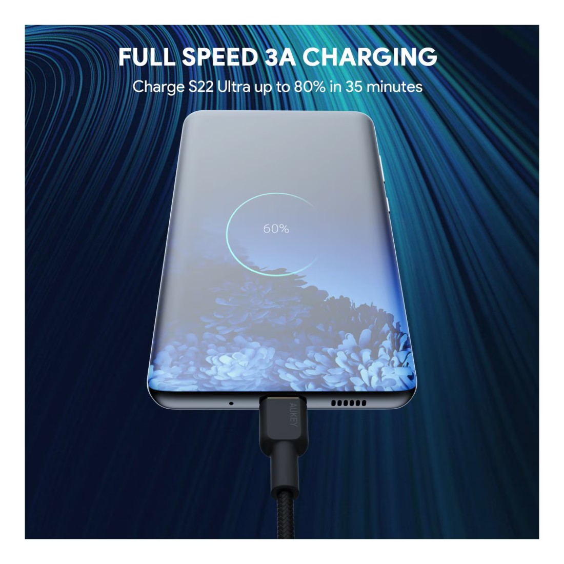 أوكي سيركليت كابل شحن ومزامنة بيانات CC نايلون مضفور USB-C إلى USB-C - أسود 1.8 متر 60 واط