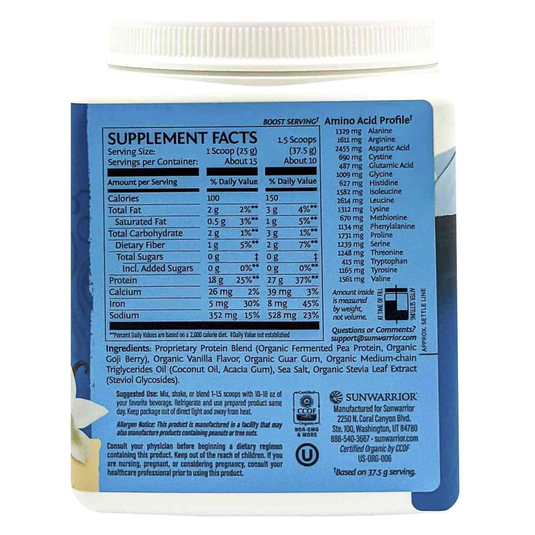 Sunwarrior Organic Protein Warrior Blend Vanilla Flavour Dietary Supplement 375g