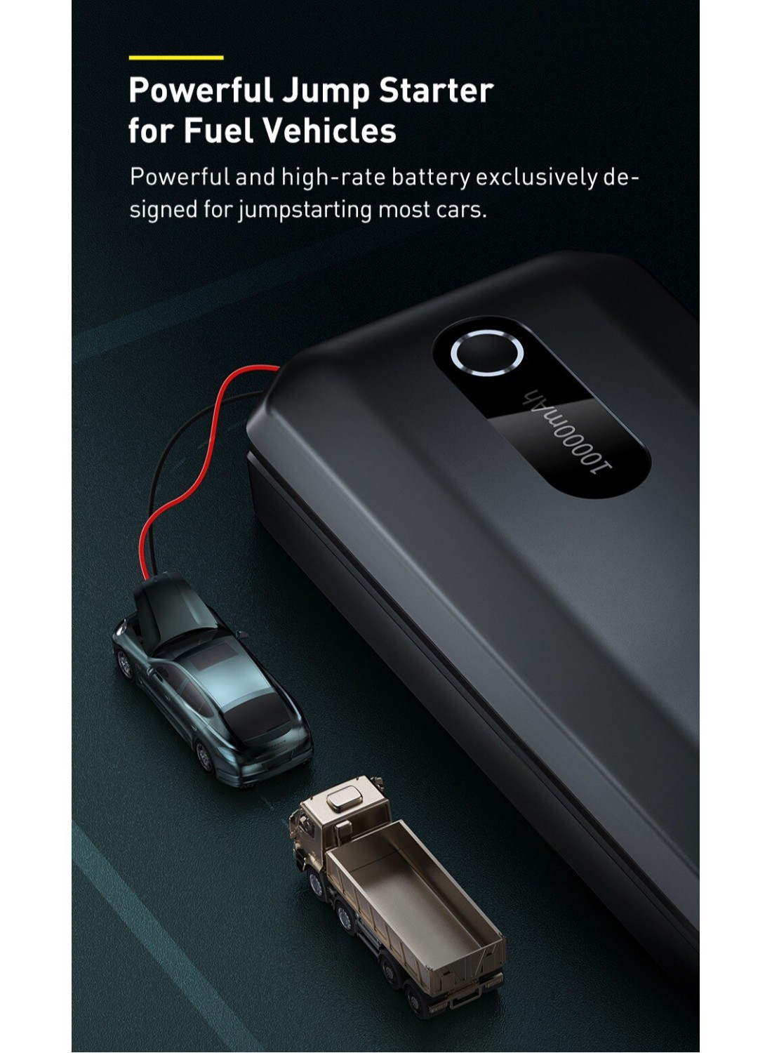 1000A UltraSafe Car Battery Jump Starter, 12V Battery Pack, Portable Charger with Jumper Cables for 4.0L Gasoline & 2.5L Diesel Engines, Built-in 10000mAh Power Bank, Compact & Reliable.