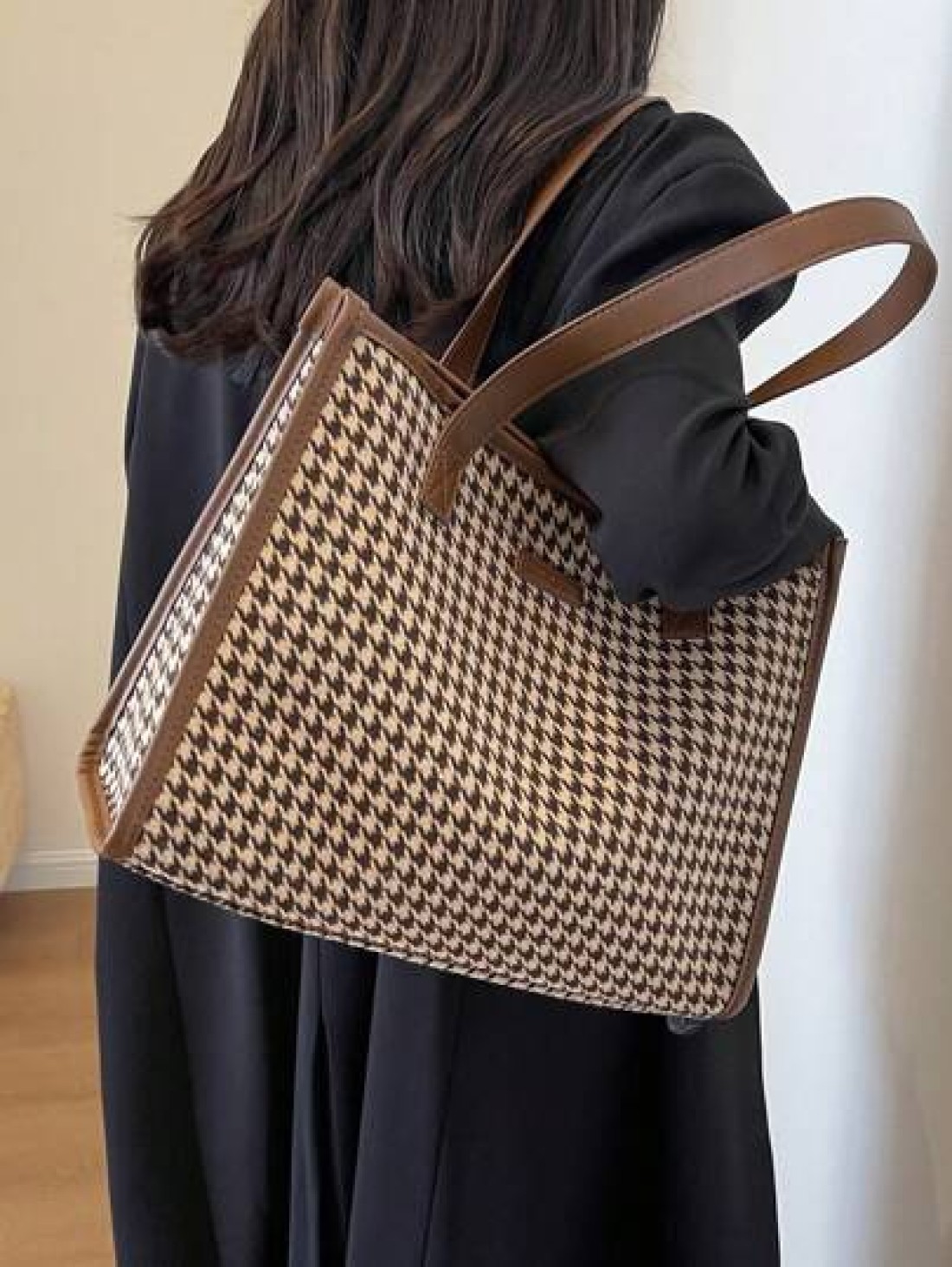 Houndstooth Pattern Large Tote Bag For Women Stylish Simple Design Versatile For Commuting And Going Out Shoulder BagSchool Bag Back To School Backpack Large Capacity Lightweight Portable Business Cas