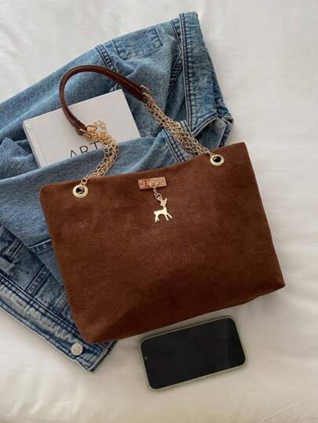 1pc Polyester Deer Decoration Large Capacity Zipper Closure Fashion Shoulder Tote Bag Suitable For Women Daily Use
