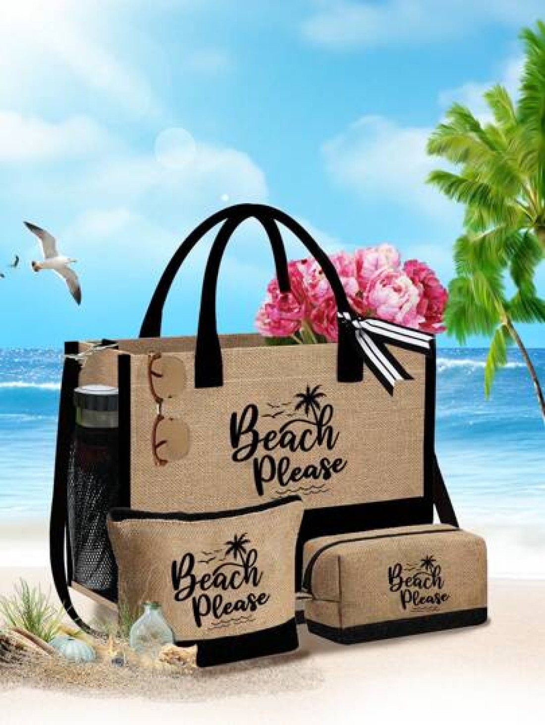 Beach Themed Beach Tote Bag Set For Women Printed With Artistic Letters Beach Beach And Coconut Tree Pattern Large Capacity Handbag And Two Makeup Bags